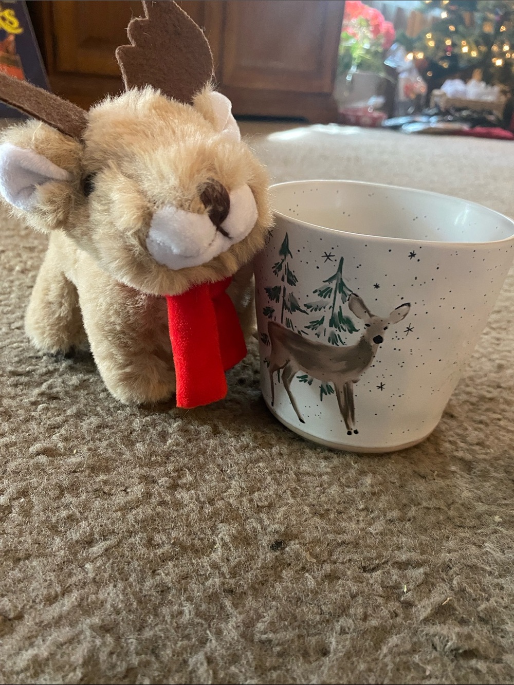Primo Designs Holiday Deer Ceramic Mug in White with Brown Stuffed Reindeer
